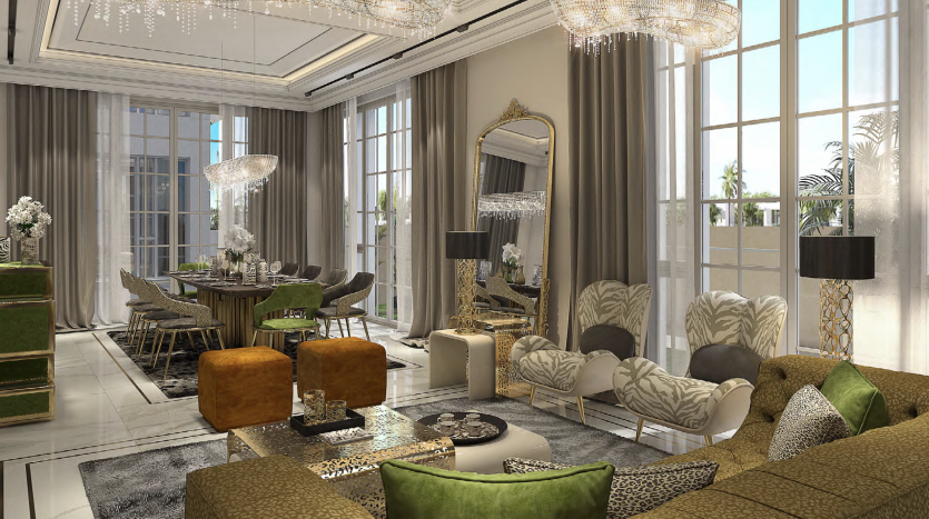 Intérieur luxueux d&#039;un salon spacieux dans une villa à Dubaï avec des meubles élégants, de grandes fenêtres, des lustres et une décoration sophistiquée, reflétant un style de design à la fois moderne et classique.