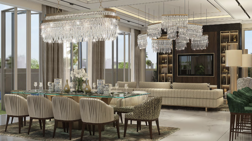 Salle à manger et salon luxueux dans une villa de Dubaï avec un mobilier élégant, dont une grande table à manger pour huit personnes, des canapés moelleux et deux grands lustres. Les grandes fenêtres offrent suffisamment de lumière naturelle.