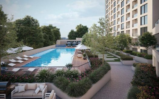 Rendu 3D d'une cour d'hôtel moderne à Dubaï comprenant une grande piscine, entourée de chaises longues, de parterres de fleurs vibrants et d'un coin salon luxueux, avec un immeuble de grande hauteur en arrière-plan.