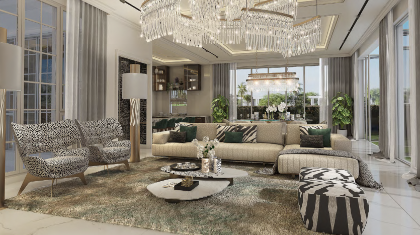 Un salon luxueux avec de grands lustres, un canapé sectionnel, des chaises à motifs et une vue sur une verdure luxuriante à travers des baies vitrées dans une propriété d&#039;investissement à Dubaï.