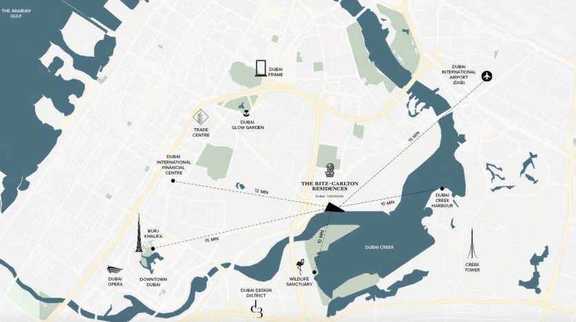 Carte de Dubaï mettant en évidence les principaux investissements et emplacements immobiliers, notamment Dubai Frame, le Trade Centre, Burj Khalifa et d&#039;autres, avec des itinéraires balisés indiquant les distances entre les points dans une vue aérienne stylisée.