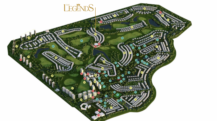 Illustration de vue aérienne du parcours de golf &quot;The Legends&quot; et de la communauté résidentielle de Dubaï, avec une verdure luxuriante, des sentiers sinueux, plusieurs maisons et de petits étangs.