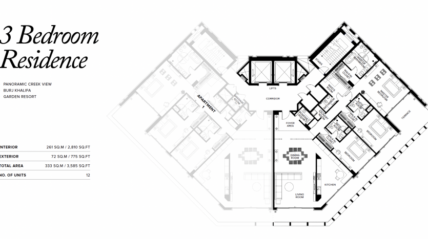 Plan d&#039;étage architectural d&#039;une villa de 3 chambres à Dubaï, comprenant la disposition des pièces comprenant la cuisine, les espaces de vie et les salles de bains, détaillés avec des étiquettes et des mesures.