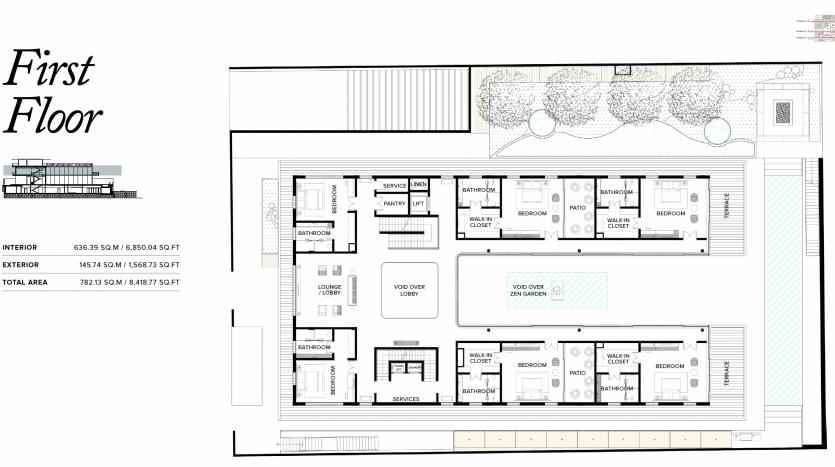 Plan architectural du premier étage d&#039;une villa de Dubaï, présentant une disposition détaillée des pièces, notamment des chambres, des salles de bains et des espaces de vie, avec les mesures de la superficie totale fournies.