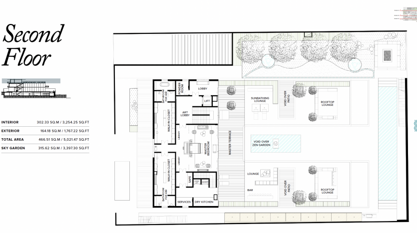 Plan d&#039;étage architectural d&#039;un deuxième étage dans une villa à Dubaï, affichant les pièces étiquetées telles que l&#039;entrée, le bureau, le salon et le jardin sur le toit avec les dimensions et la disposition des meubles.