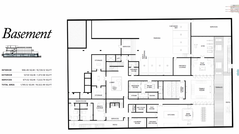 Plan d&#039;aménagement d&#039;un sous-sol dans un appartement de Dubaï présentant diverses pièces, dont une salle de sport, un sauna, des espaces de rangement et une cuisine. Les étiquettes de texte et les mesures détaillent la taille et la fonction de chaque zone.