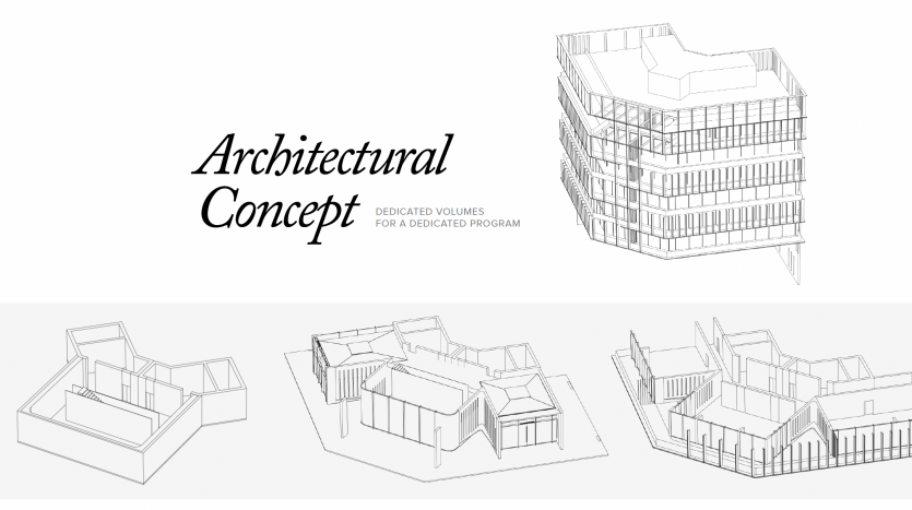 Trois croquis de concepts architecturaux de bâtiments modernes à Dubaï, illustrant différentes étapes et angles de conception, avec le texte « concept architectural : des volumes dédiés pour un programme dédié » ci-dessus.