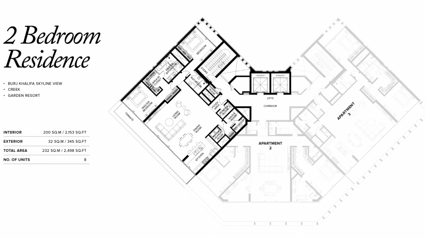 Plan d&#039;étage architectural d&#039;une villa de 2 chambres à Dubaï comprenant les pièces étiquetées, la disposition des meubles et les spécifications de la superficie totale, affichées dans un style de dessin au trait noir et blanc.
