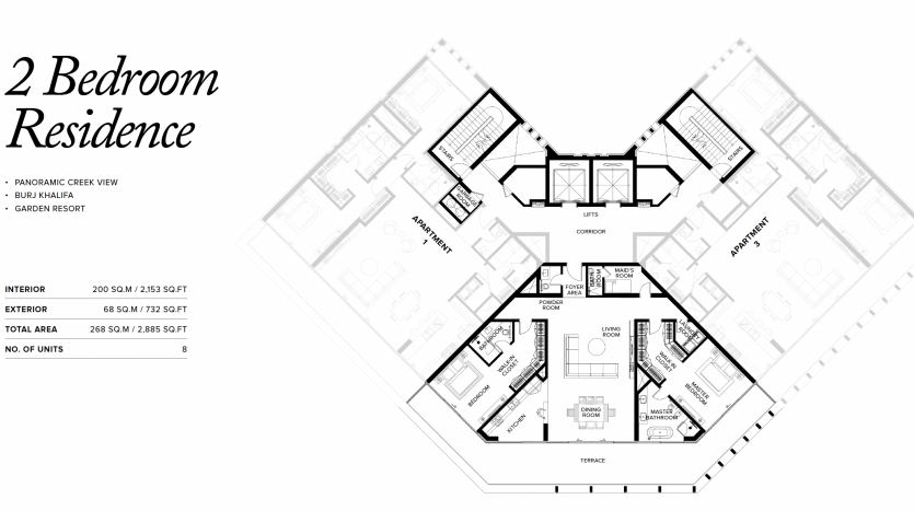 Plan architectural d&#039;une villa de 2 chambres à Dubaï, détaillant la disposition des pièces, y compris un salon, une cuisine, une terrasse et des salles de bains, avec les spécifications de superficie totale répertoriées.