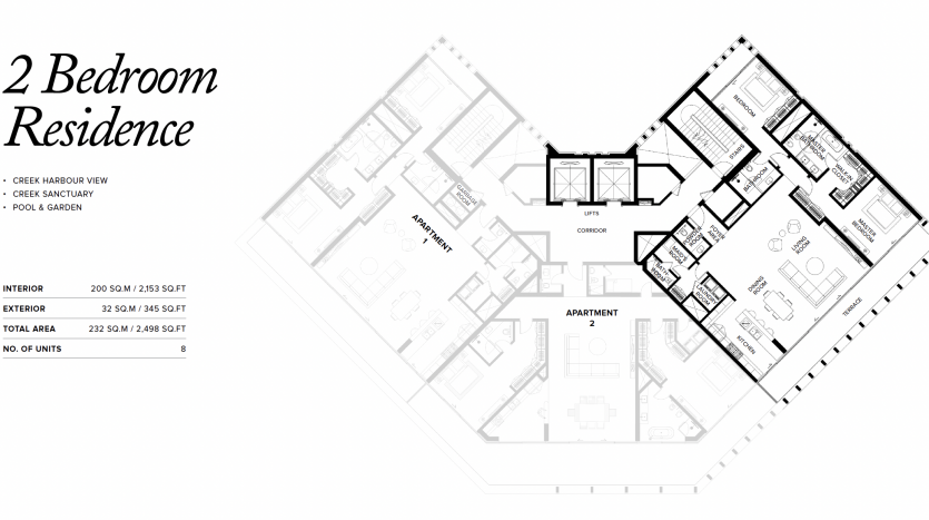Un plan d&#039;étage d&#039;une résidence de 2 chambres montrant une disposition détaillée comprenant les chambres, les salles de bains, la cuisine, les espaces de vie et la section appartement dubaï, avec notation de l&#039;intérieur et de la superficie totale