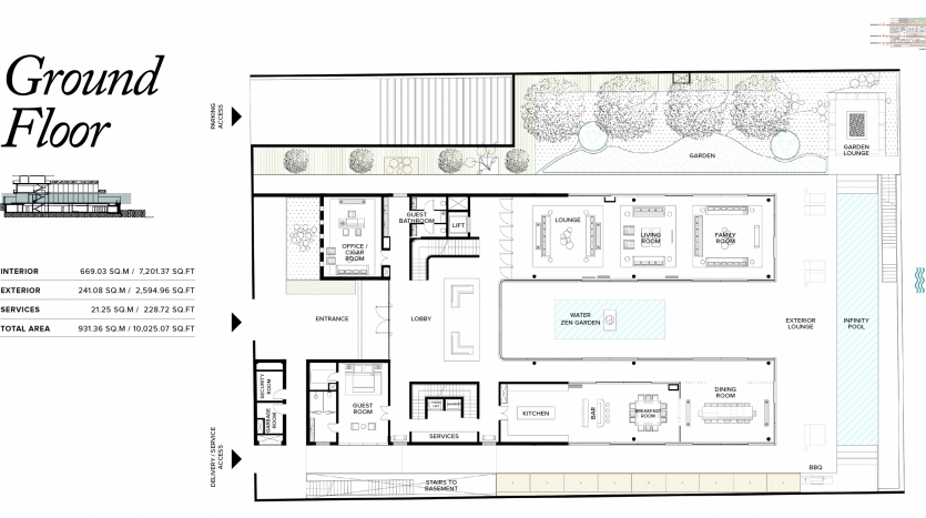Plan architectural d&#039;une villa à Dubaï comprenant des plans d&#039;étage étiquetés pour des pièces telles que le hall, la salle à manger et la pièce d&#039;eau, ainsi que des jardins. Comprend un résumé dimensionnel et un croquis d&#039;élévation latérale.
