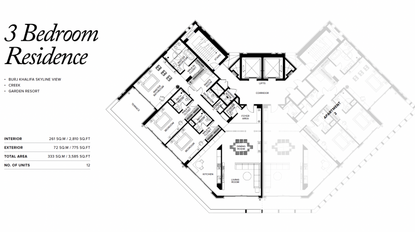 Plan d&#039;étage architectural d&#039;une villa de 3 chambres à Dubaï comprenant les pièces étiquetées, la disposition des meubles et les mesures, offrant une vue complète de la conception et de la disposition spatiale.