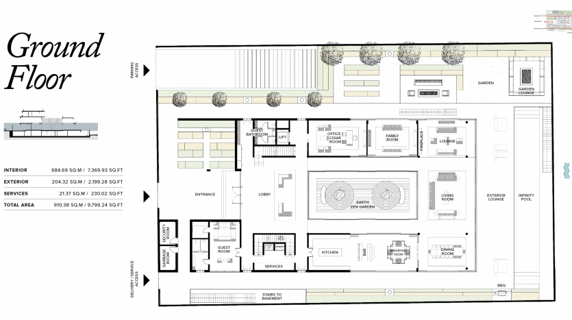 Disposition architecturale d&#039;un plan de rez-de-chaussée à Dubaï présentant diverses pièces, dont un hall d&#039;entrée, un jardin, une cuisine et un espace de vie, détaillé avec les dimensions et les étiquettes pour chaque zone.