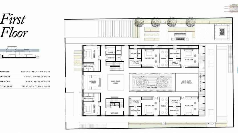 Cette image affiche un plan d&#039;étage architectural d&#039;un aménagement du premier étage à Dubaï, détaillant les pièces, l&#039;emplacement des meubles et les dimensions ainsi qu&#039;une échelle et les mesures de la surface totale.