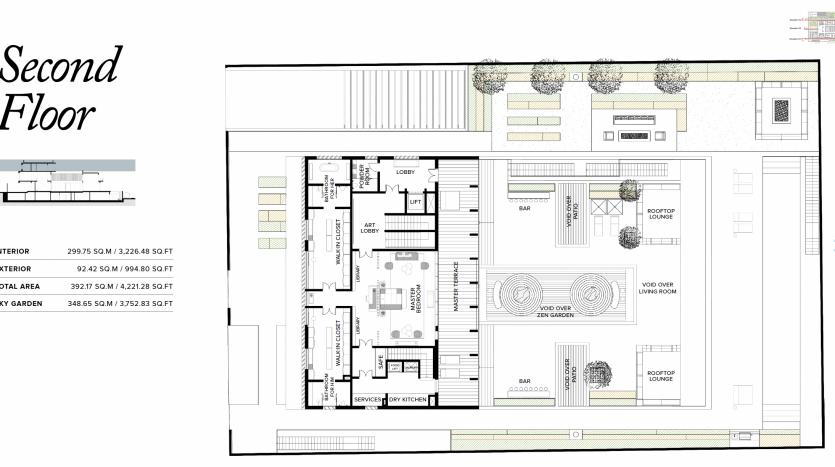 Plan d&#039;étage architectural du deuxième étage d&#039;un appartement à Dubaï comprenant des dispositions détaillées des pièces, l&#039;emplacement des meubles et des zones étiquetées, y compris un jardin panoramique d&#039;une superficie désignée en pieds carrés.
