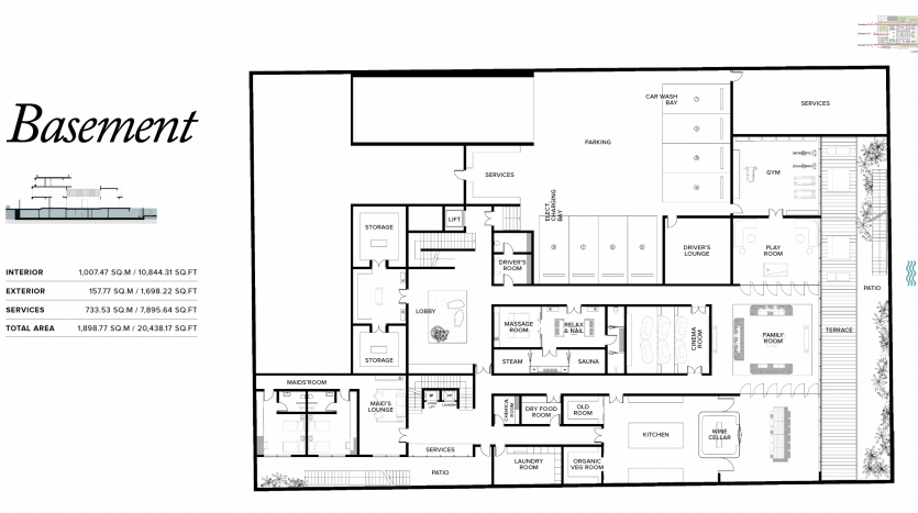 Plan architectural détaillé d&#039;un sous-sol comprenant des pièces étiquetées, comprenant une salle de sport, un sauna, une aire de services et plusieurs espaces de rangement. Ce dessin au trait comprend des dimensions et des références d&#039;échelle adaptées à l&#039;immobilier Dubaï.