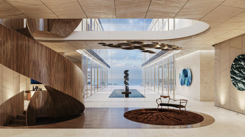 Hall moderne dans une villa de Dubaï avec panneaux en bois et œuvres d&#039;art sculpturales. Il présente des sols réfléchissants, une sculpture centrale, des plafonds incurvés et des œuvres d&#039;art circulaires murales. Les murs en verre offrent un espace lumineux et aéré
