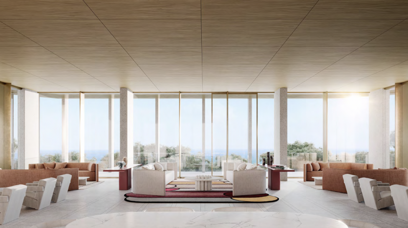 Salon moderne et spacieux dans une villa de Dubaï doté de baies vitrées offrant une lumière solaire abondante, des meubles élégants et une vue panoramique sur un paysage serein. Le design intérieur comprend des plafonds en bois et des sols en pierre