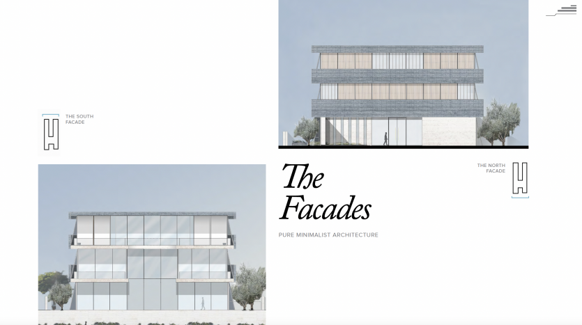 Deux rendus architecturaux de façade d&#039;un bâtiment moderne à Dubaï, étiquetés comme « la façade sud » et « la façade nord », présentant un design minimaliste avec des lignes simples et une végétation clairsemée.