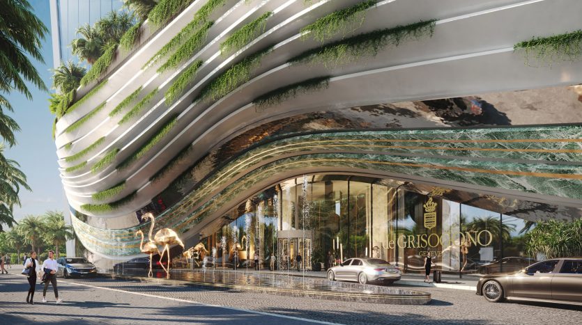 Un rendu architectural montrant une villa moderne à Dubaï avec des étages ondulés ornés de verdure, des façades en verre réfléchissantes et une scène de rue animée avec des piétons et des voitures.