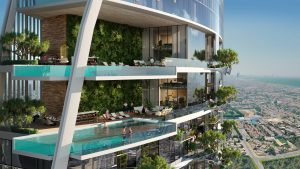 Luxueux immeuble d'appartements de grande hauteur à Dubaï doté de balcons avec piscines à débordement, d'une verdure luxuriante et d'une vue panoramique sur la ville. Les résidents profitent d’activités de loisirs dans des espaces extérieurs modernes et spacieux.