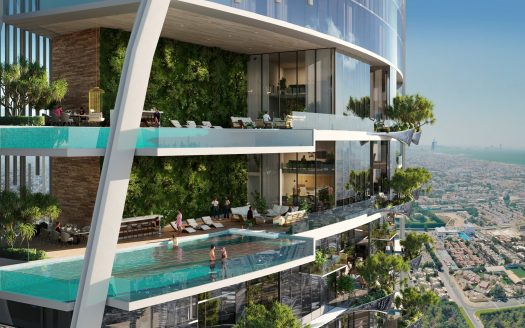 Luxueux immeuble d'appartements de grande hauteur à Dubaï doté de balcons avec piscines à débordement, d'une verdure luxuriante et d'une vue panoramique sur la ville. Les résidents profitent d’activités de loisirs dans des espaces extérieurs modernes et spacieux.