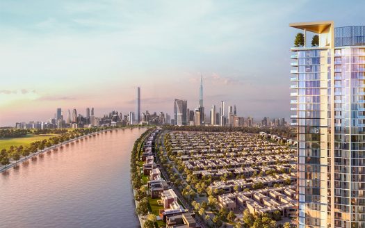 Une vue panoramique sur les toits de la ville au coucher du soleil, avec des gratte-ciel modernes, une rivière et des rangées de maisons de banlieue à Dubaï, vue depuis un balcon de grande hauteur.