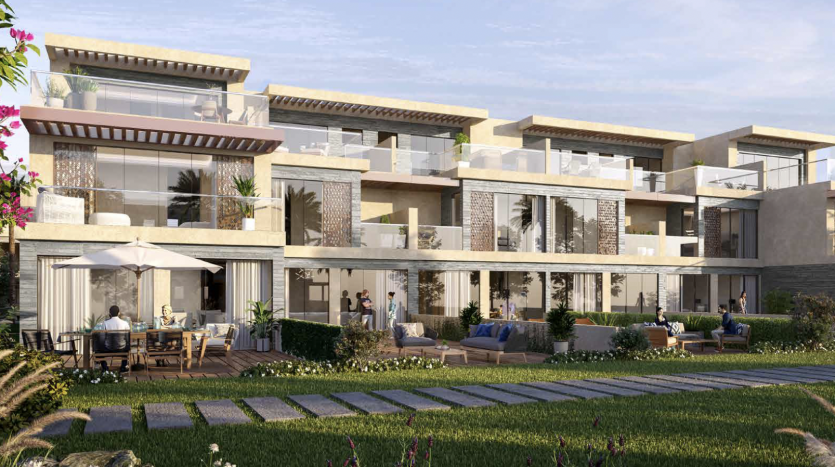 Luxueuses villas résidentielles modernes à Dubaï avec balcons et terrasses, dotées de grandes fenêtres en verre et de finitions en pierre naturelle. Les gens socialisent dans des jardins paysagers luxuriants au premier plan.