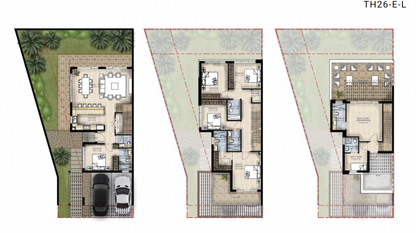 Plans d&#039;étage architecturaux d&#039;une maison de ville labellisée &quot;th26-e-l&quot; à Dubaï, montrant trois niveaux : rez-de-chaussée avec garage et entrée, premier étage avec espaces de vie et chambres, et