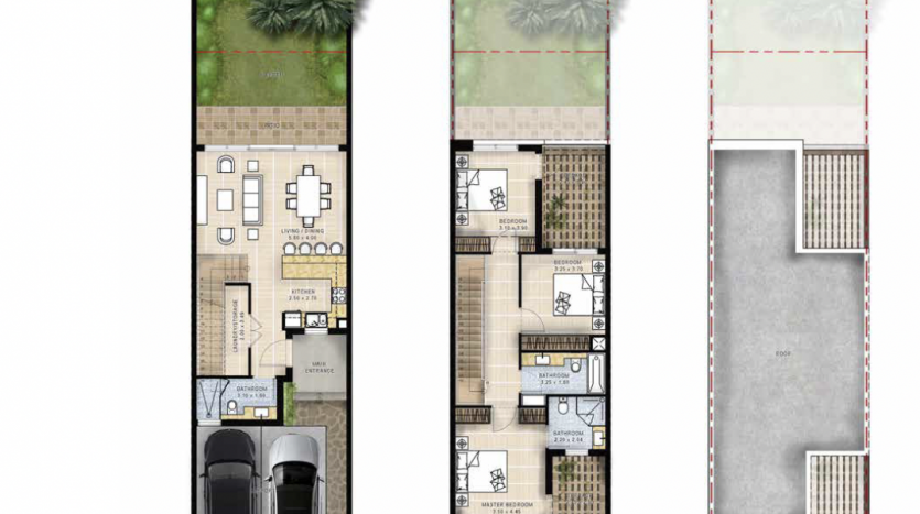 Trois plans d&#039;étage architecturaux pour une villa à Dubaï étiquetée th14b-m-l, représentant le rez-de-chaussée avec un garage, le premier étage avec les pièces et l&#039;aménagement, et le toit avec un espace extérieur.