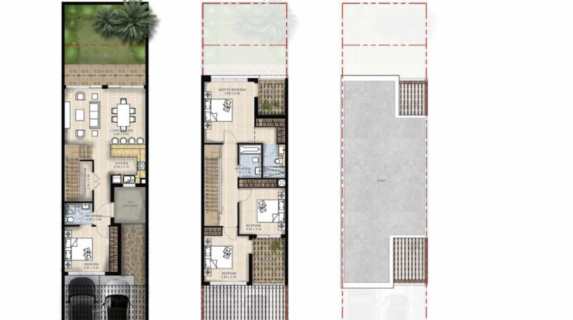 Plan architectural d&#039;une maison de ville de 15 m de long à Dubaï, présentant trois niveaux : rez-de-chaussée avec disposition des pièces et patio, premier étage avec chambres et salles de bains, et un
