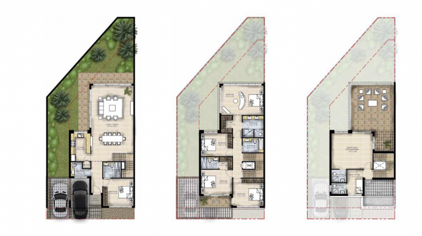 Trois plans architecturaux d&#039;une maison de ville à Dubaï, étiquetés comme rez-de-chaussée, premier étage et toit, illustrant la disposition comprenant les pièces, les meubles et une voiture dans l&#039;allée.