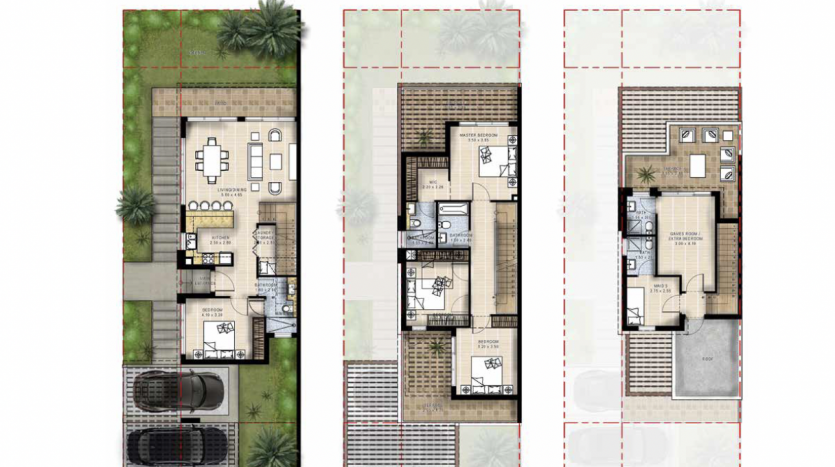 Plans d&#039;étage architecturaux pour une maison de ville de trois étages à Dubaï, étiquetée « maison de ville th20b-e-l ». Il comprend des plans détaillés du rez-de-chaussée, du premier étage et du toit, montrant les meubles.