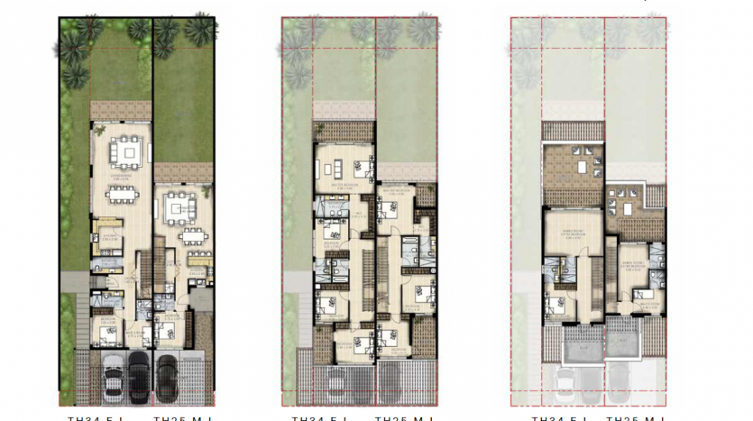 Plans d&#039;étage architecturaux pour une villa à Dubaï montrant trois niveaux : rez-de-chaussée, premier et toit. Chaque niveau est détaillé avec la disposition des pièces, l&#039;emplacement des meubles et des étiquettes pour plus de clarté.