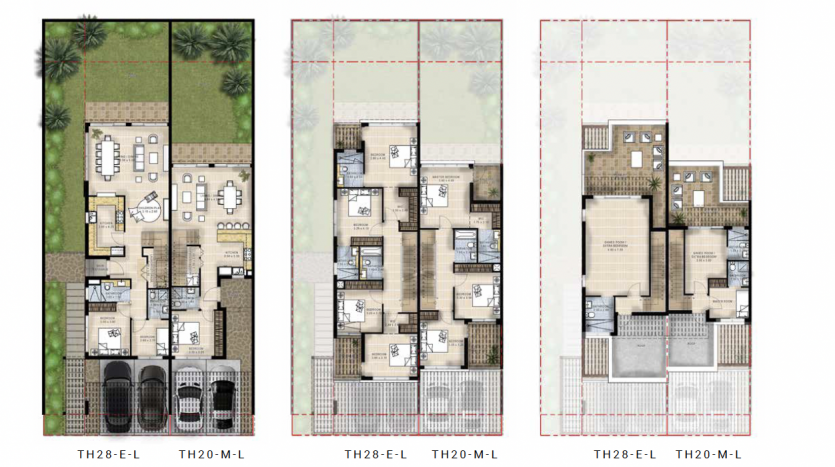 Trois plans architecturaux d&#039;une maison de ville à Dubaï, étiquetés comme &quot;rez-de-chaussée&quot;, &quot;premier étage&quot; et &quot;toit&quot;, présentant les détails de l&#039;agencement tels que les pièces, les meubles et la zone du toit.