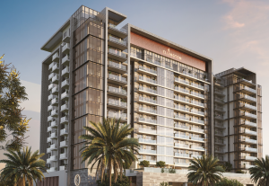 Un rendu architectural d'un complexe d'appartements moderne à Dubaï comprenant plusieurs balcons, de grandes fenêtres en verre et entouré de palmiers, capturé au crépuscule.