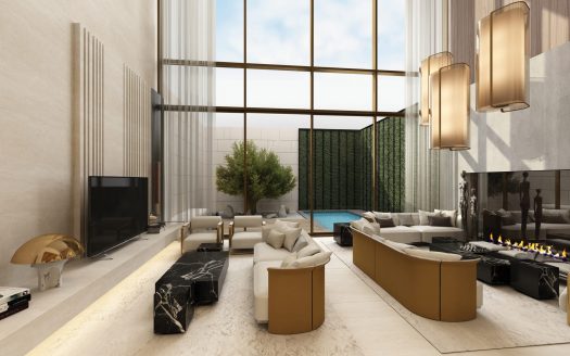 Villa luxueuse à Dubaï avec de grandes fenêtres donnant sur un jardin, dotée de canapés modernes, d'une cheminée élégante et de lampes suspendues élégantes. Un intérieur serein et spacieux avec des tons chauds de terre.