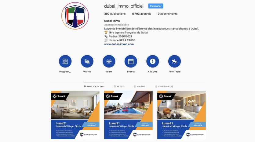 Page de profil sur les réseaux sociaux d&#039;une agence immobilière française à Dubaï, comprenant un logo, des descriptions textuelles et un montage de photos de propriétés de luxe, y compris des intérieurs avec piscine dans la villa Dubaï.