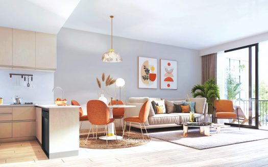 Salon et cuisine modernes à aire ouverte avec de grandes fenêtres, une lumière naturelle vive et une décoration élégante et minimaliste avec des meubles orange et crème dans une villa de Dubaï.