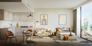 Appartement décloisonné moderne et ensoleillé à Dubaï avec un salon confortable, une cuisine minimaliste et un accès au balcon. Décoration lumineuse, lignes épurées et atmosphère sereine.