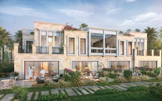 Illustration d'une luxueuse villa de deux étages à Dubaï entourée de jardins luxuriants, dotée de grandes fenêtres, de balcons où les gens se détendent et d'un mobilier d'extérieur élégant.