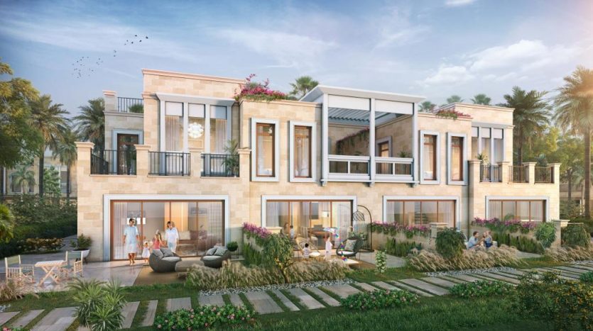 Illustration d&#039;une luxueuse villa de deux étages à Dubaï entourée de jardins luxuriants, dotée de grandes fenêtres, de balcons où les gens se détendent et d&#039;un mobilier d&#039;extérieur élégant.