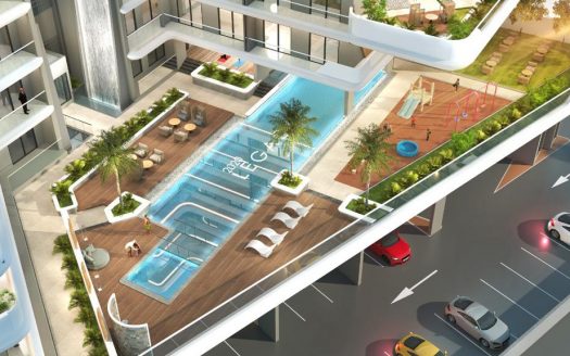 Vue aérienne d'un complexe d'appartements moderne à Dubaï doté d'équipements comprenant une grande piscine, des chaises longues, un terrain de basket-ball et un parking adjacent avec des voitures.