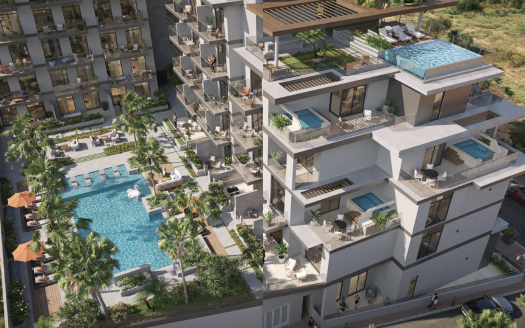 Vue aérienne d'une villa de luxe à Dubaï avec plusieurs piscines, entourée d'une verdure luxuriante et de balcons, présentant une conception architecturale moderne avec des terrasses spacieuses.