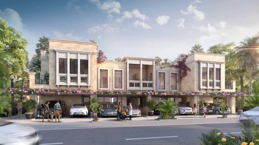 Image rendue d&#039;une rue résidentielle ensoleillée de Dubaï avec des villas jumelles modernes ornées de plantes à fleurs. Les gens interagissent à proximité des voitures garées, un cycliste passe et une verdure luxuriante entoure la scène.