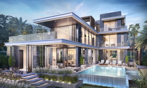 Une maison moderne et luxueuse de deux étages avec de grandes baies vitrées et des lignes épurées à Venise Damac Lagoons. Elle dispose d'un balcon spacieux et d'une piscine entourée de chaises longues. Le cadre est luxuriant de verdure et doucement éclairé par la lumière du soir.