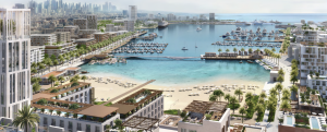 Vue aérienne d'une ville côtière moderne de Dubaï avec des gratte-ciel et une marina remplie de yachts, entourée d'une verdure luxuriante et d'une plage de sable menant à la mer bleu clair.