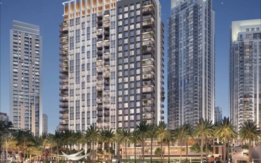Rendu numérique d'immeubles résidentiels modernes de grande hauteur au bord de l'eau à Dubaï, dotés de balcons avec une végétation luxuriante et d'espaces de loisirs communs au crépuscule.