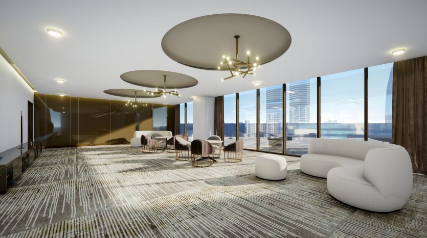 Un salon de bureau moderne dans une villa à Dubaï avec de grandes fenêtres, des canapés chics, des luminaires circulaires, une décoration minimaliste et une vue sur le paysage urbain.