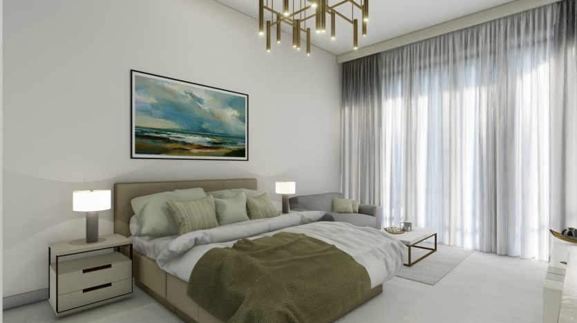 Une chambre moderne dans une villa de Dubaï avec un grand lit recouvert d&#039;une literie verte et beige, flanqué de deux lampes sur des tables de nuit, sous un grand tableau de paysage marin encadré, avec des rideaux transparents au-dessus de grandes